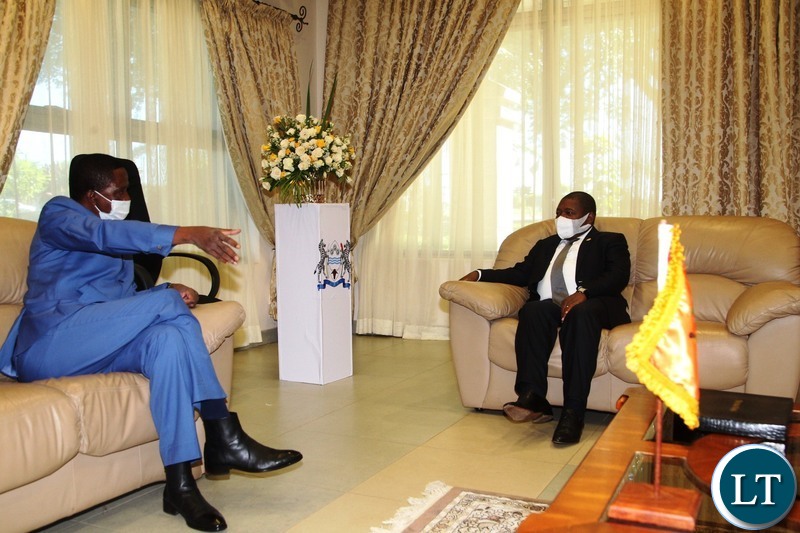 PRESIDENT Edgar Lungu is welcomed by President of Mozambique,Filipe Jacinto Nhusi at Harry Mwaanga Nkumbula International Airport for the commissioning of Kasungula bridge
