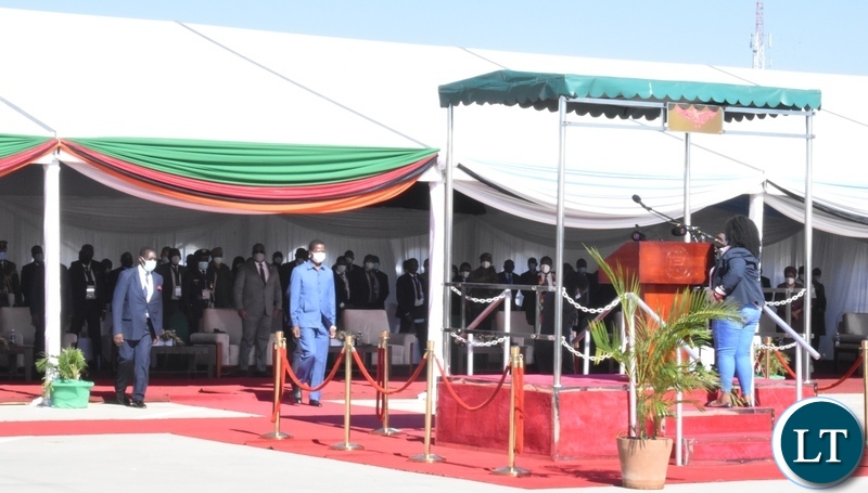 President Edgar Lungu walks to the podium to deliver his speech during the official opening of the Kazungula Bridge