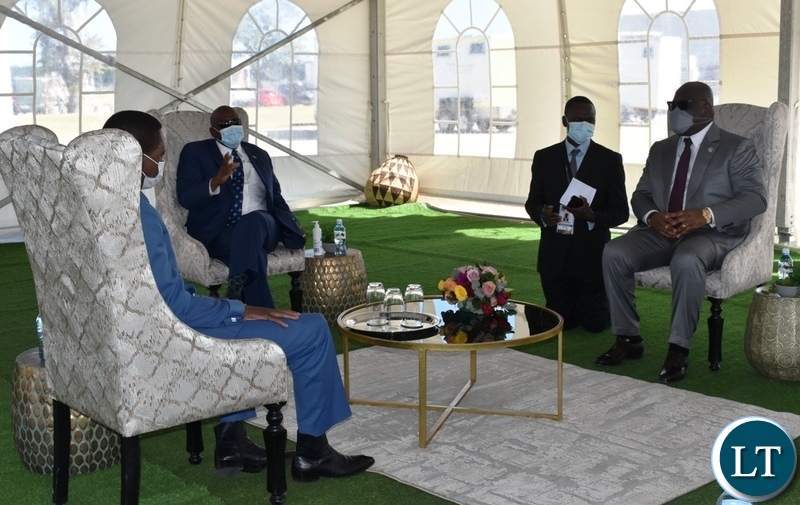 President of Botswana Mokgweetsi Masisi welcoming President Edgar Lungu and DRC President Felix Tshisekedi in Kasane during the official opening of the Kazungula bridge