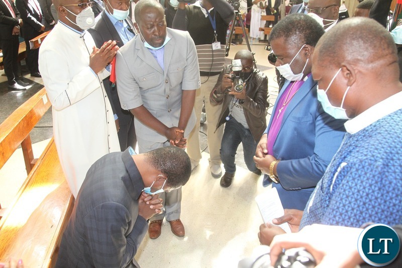 PRESIDENT Edgar Lungu being prayed for during the National Prayer initiative for 2021 peaceful elections at Cathedral of the Holy Cross in Lusaka.