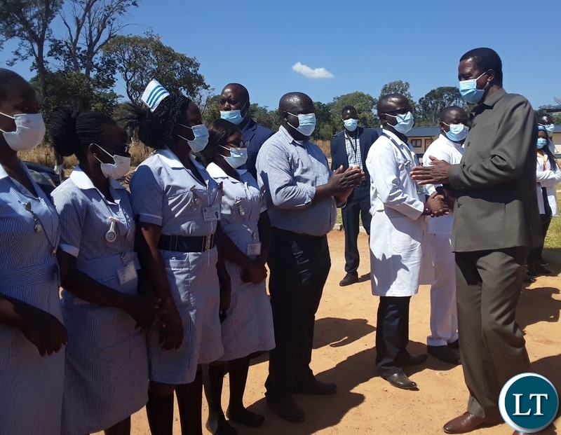 President Edgar Lungu interacts with health workers shortly after commissioning Chikonshi Mini Hospital in Chief Matanda's Chiefdom in Mansa.Picture by SUNDAY BWALYA/ ZANIS