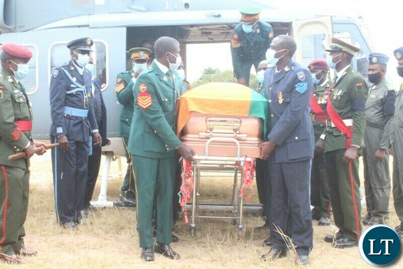 PALL Bearers carry the casket of the late former first republican President Dr. Kenneth Kaunda upon arrival at St Mawagali Trades grounds in Choma yesterday.