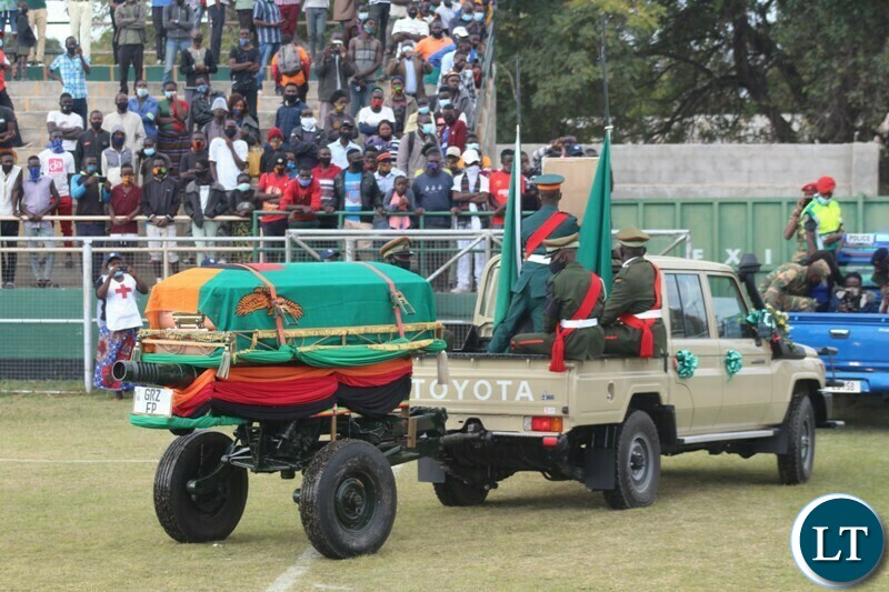 THE casket of the late former first republican President Kenneth Kaunda leaving the Independence stadium after church prayer in Choma yesterday.