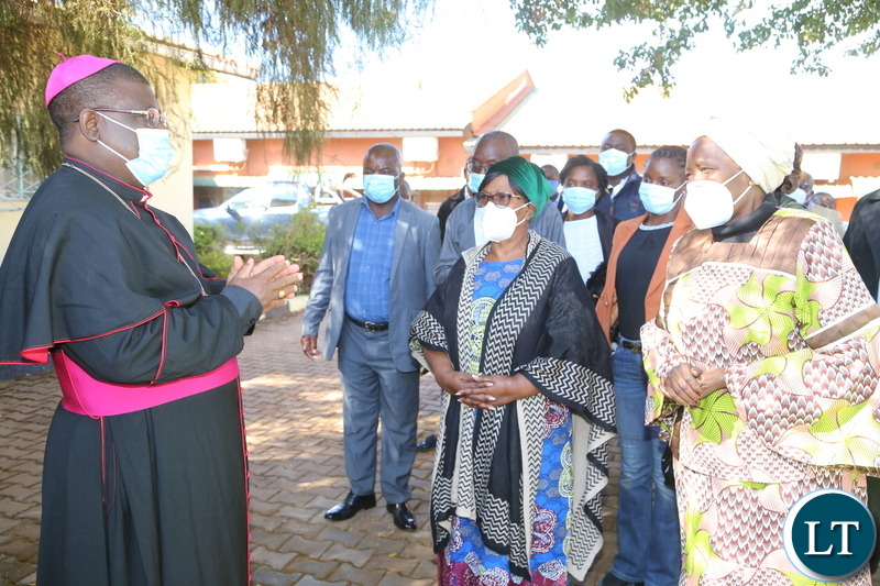 Solwezi Diocese Rt Rev. Bishop Charles Kasonde welcomes Vice President Inonge Wina and presidential running mate Prof. Nkandu Luo at Catholic Solwezi Diocese grounds yesterday. Saturday, June 12, 2021. Picture by ROYD SIBAJENE/ZANIS
