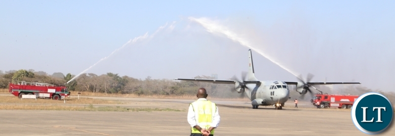 The Zambia Air Force (ZAF)  plane carrying the remains of the late first Zambian President Dr Kenneth Kaunda arrive at Simon Mwansa Kampwepwe international airport yesterday. Monday, June 28, 2021. Picture by ROYD SIBAJENE/ ZANIS 