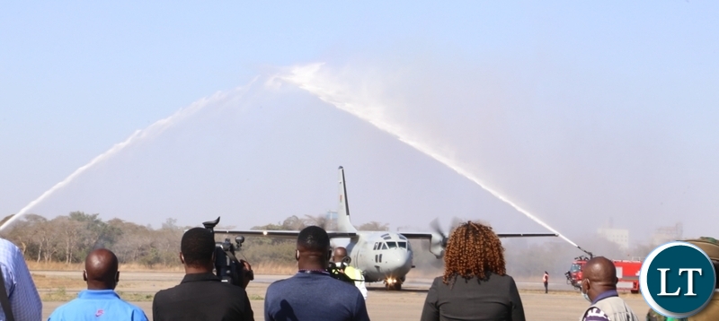 The Zambia Air Force (ZAF)  plane carrying the remains of the late first Zambian President Dr Kenneth Kaunda arrive at Simon Mwansa Kampwepwe international airport yesterday. Monday, June 28, 2021. Picture by ROYD SIBAJENE/ ZANIS 