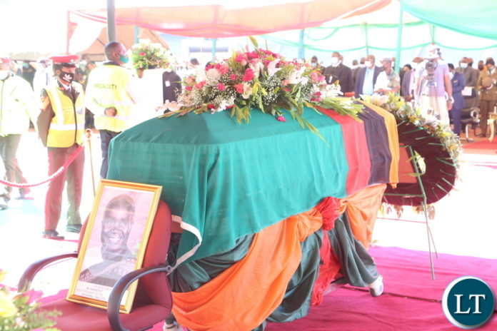 The remains of the late first Zambian President Dr Kenneth Kaunda lay in state at Levy Mwanawasa Stadium during the church service in Ndola yesterday. Monday, June 28, 2021. Picture by ROYD SIBAJENE ZANIS The remains of the late first Zambian President Dr Kenneth Kaunda lay in state at Levy Mwanawasa Stadium during the church service in Ndola yesterday. Monday, June 28, 2021. Picture by ROYD SIBAJENE ZANIS