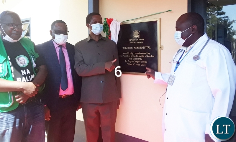 From (left) is former health Minister Chitalu Chilufya, Luapula province Permanent Secretary Charles Mushota, President Edgar Lungu and Luapula province health Director Dr Peter Bwalya during the commissioning of Chikonshi Mini Hospital in Chief Matanda's Chiefdom.Picture by SUNDAY BWALYA/ ZANIS.