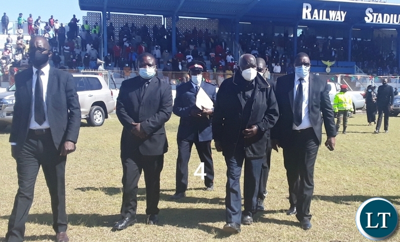 From (left) is Lusaka Province Permanent Secretary Elias Kamanga, deputy Secretary to Cabinet in charge of Finance Mike Masiye, Late President Dr Kenneth Kaunda 's son Panji Kaunda and Central Province Permanent Secretary Benard Chomba arriving in Godfrey Chitalu Stadium in kabwe for the church service in honour of late first President of Zambia Dr Kenneth Kaunda in Kabwe. Picture by SUNDAY BWALYA/ ZANIS