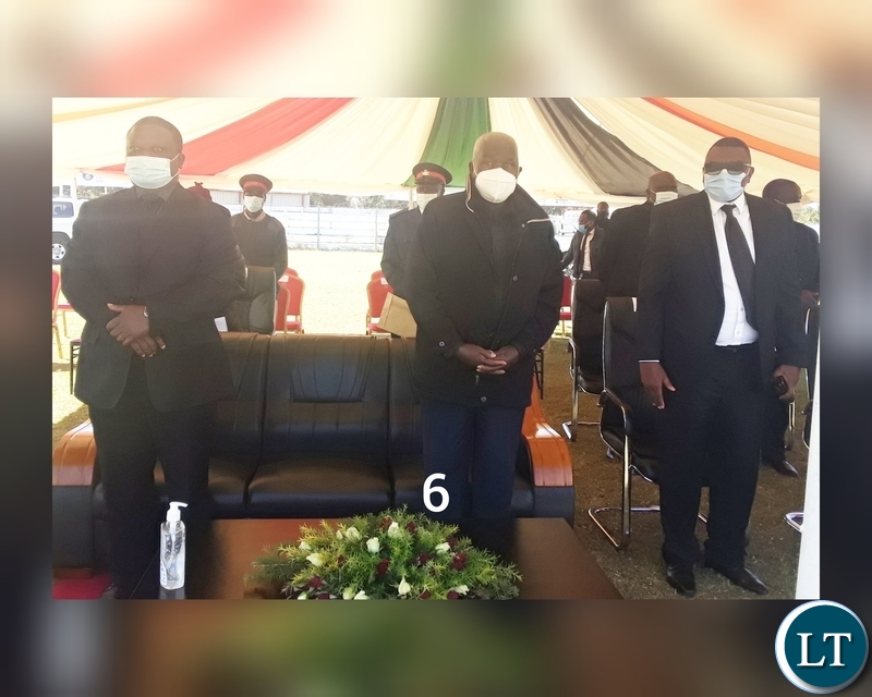 Deputy Secretary to Cabinet in charge of Finance Mike Masiye (left), first President of Zambia Dr Kenneth Kaunda's Son Panji Kaunda (middle) and Central Province Permanent Secretary Benard Chomba during funeral procession of Late Dr Kenneth Kaunda in Kabwe. Picture by SUNDAY BWALYA/ ZANIS