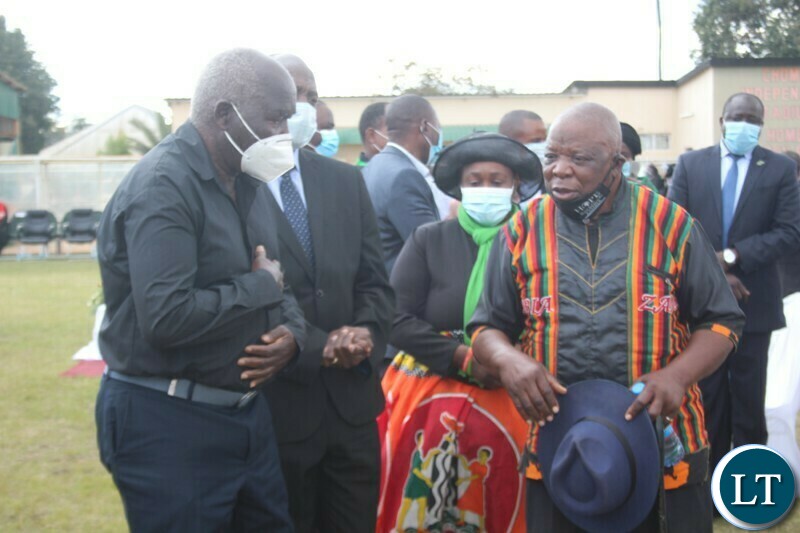 PROVINCIAL Fighters Coordinator Association Bernard Namula consoles former first republican President Dr. Kenneth Kaunda’s son Connell Panji Kanda at Independence stadium in Choma yesterday. Looking on is Southern Province Permanent Secretary Joyce Bwacha.
