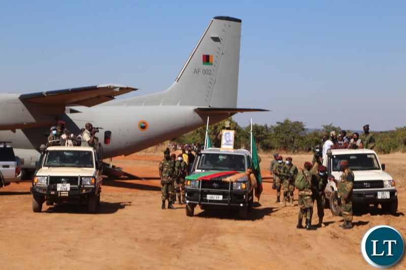 Funeral cortage of the late first Zambian President Kenneth Kaunda at Muchinga Airtrip during the arrival of the remains of the late first Zambian President Kenneth Kaunda