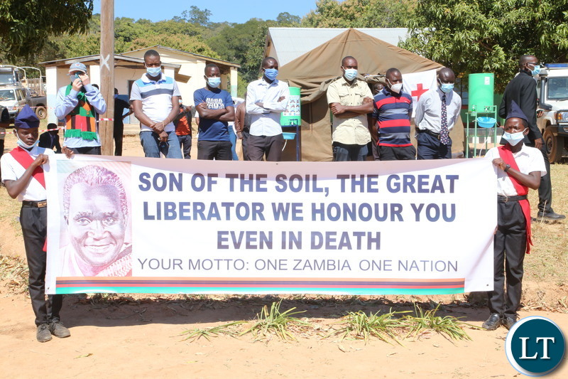 Boys Brigade with photo portraits of Kaunda welcomes the remains of the late first Zambian President Kenneth Kaunda during the arrival of the remains of the late first Zambian President Kenneth Kaunda at Lubwa mission school ground in muchinga 