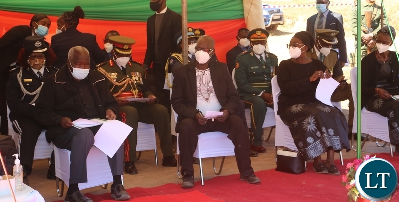 Late first Zambian President Kenneth Kaunda's children Col. Panji Kaunda, Waza Kaunda and Cheswa Kaunda Silwizya during the funeral Service at Lubwa Mission School grounds in Chinsali