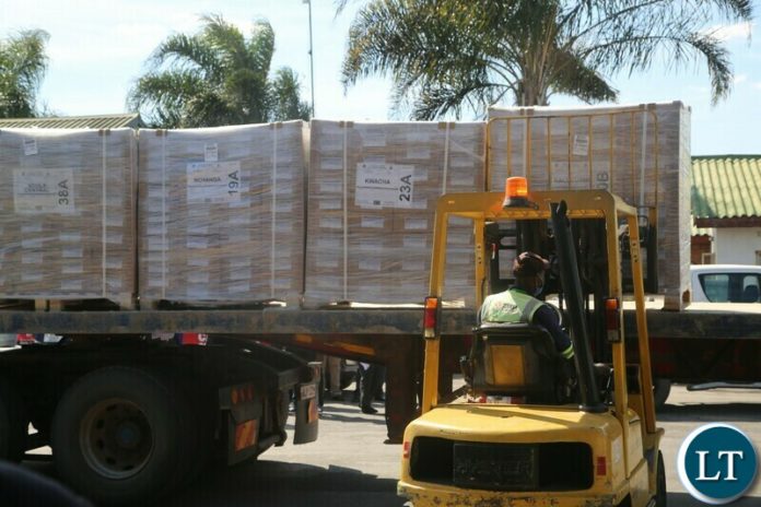 BALLOT papers for 12th August,2021 General Election for 40 Constituencies being loaded on a truck at Kenneth Kaunda International in Lusaka. BALLOT papers for 12th August,2021 General Election for 40 Constituencies being loaded on a truck at Kenneth Kaunda International in Lusaka.