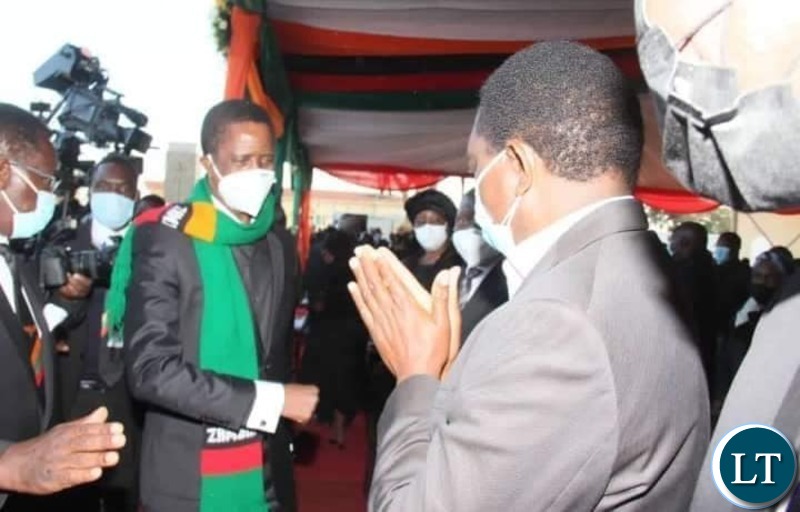 President Lungu meeting UPND leader Hakainde Hichilema at the Funeral of the late President Kenneth Kaunda