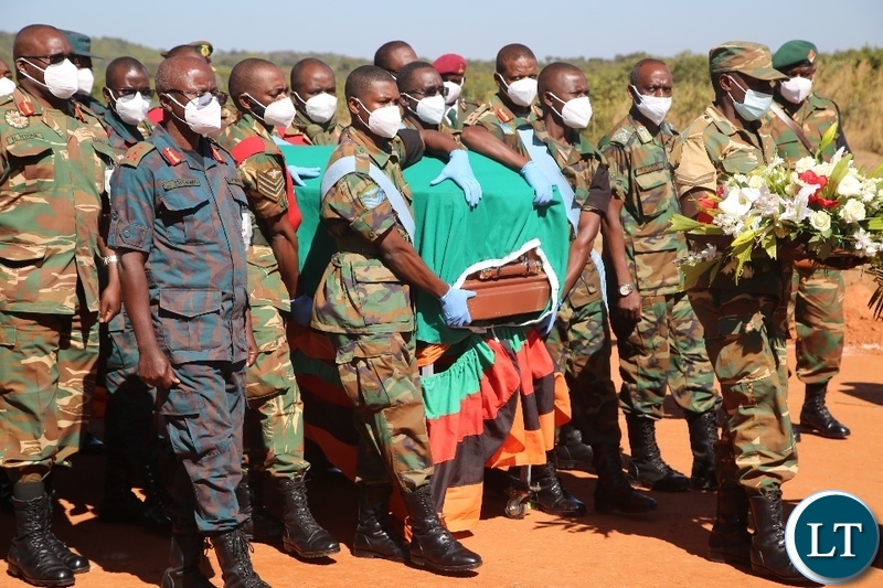 DEFENCE personnel carry the casket of late First President of Zambia Dr.Kenneth kaunda in Chansali.