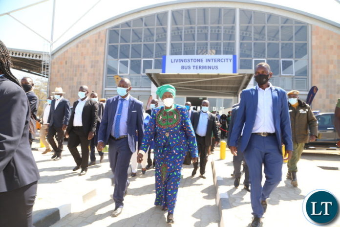 Vice President Inonge Wina inspecting the newly commissioned livingston intercity bus station during her two day working visit yesterday. Saturday, August 07, 2021. Picture by ROYD SIBAJENE/ ZANIS