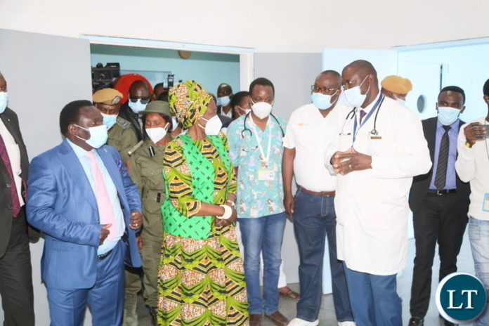 Vice President Inonge Wina and her entourage inspect the newly refurbished theater at Arthur Davison Hospital in Ndola whilst Copperbelt Permanent Secretary Bright Nudwe looking on yesterday. Wednesday, August 11, 2021. Picture by ROYD SIBAJENE/ ZANIS
