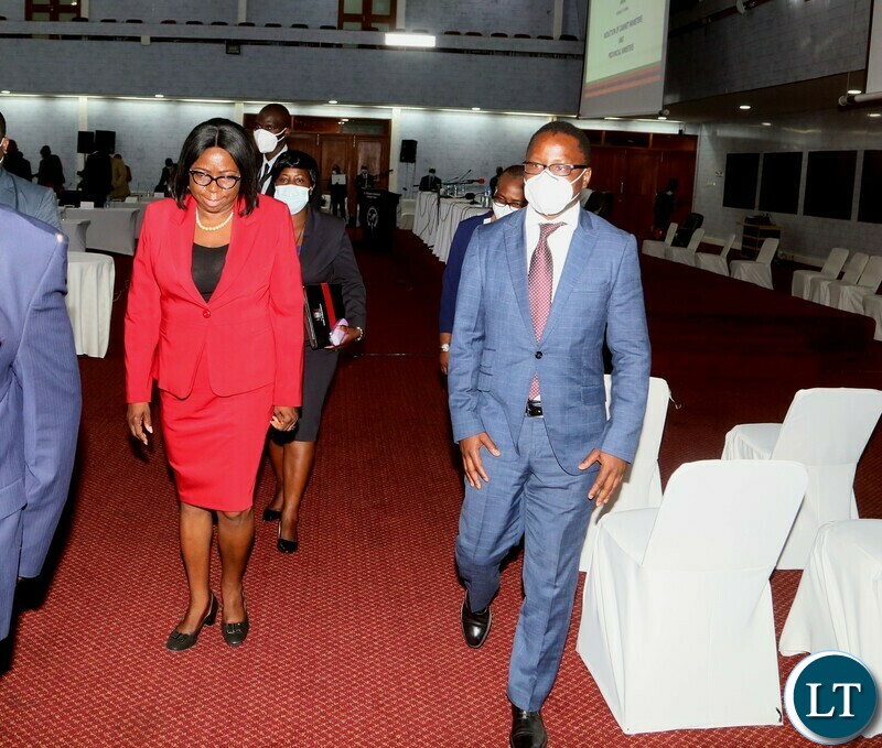 Vice President Mutale Nalumango with DMMU National Coordinator Chanda Kabwe during the closing of the induction of Cabinet Ministers and Provincial Ministers. Monday, September 13, 2021.  Picture by ROYD SIBAJENE/ZANIS