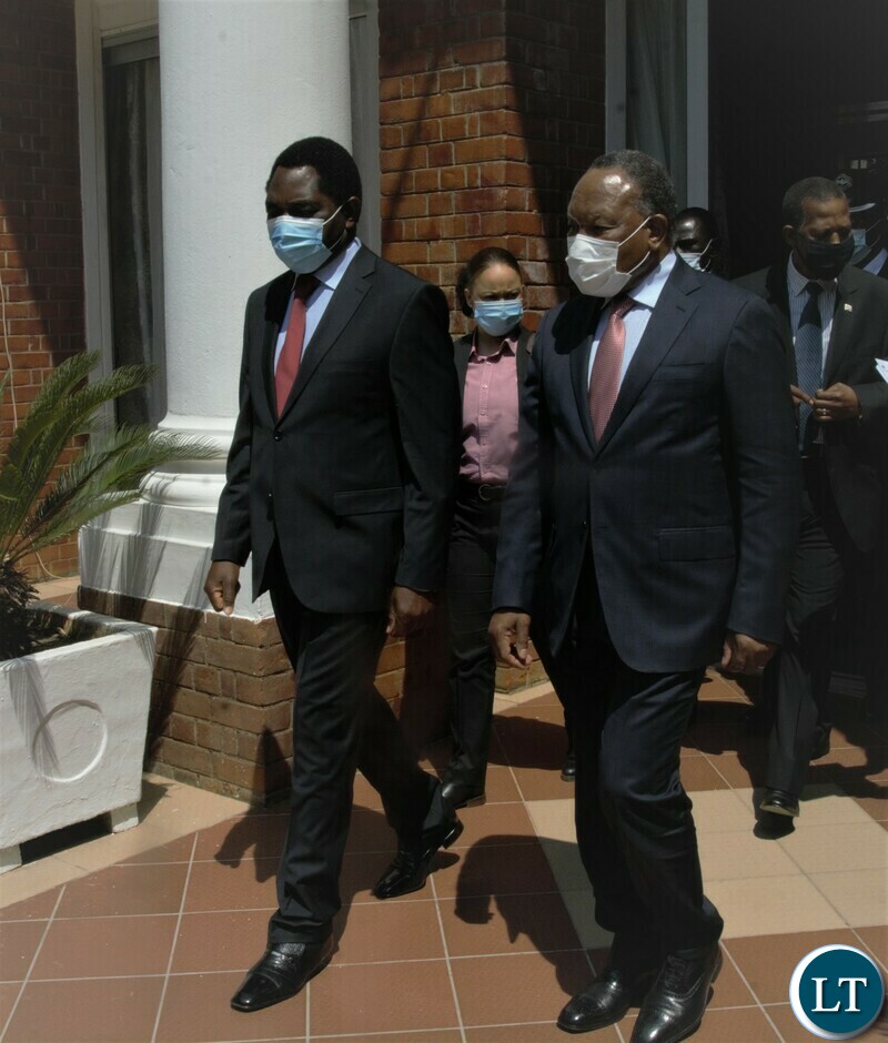 President Hakainde Hichilema accompanied by Former President of South Africa, Kgalema Motlanthe walk out of State House after holding private talks on Tuesday Afternoon.