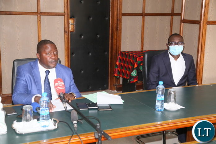 Minister of foreign Affairs Stanley Kakubo speaking during press briefing whilst Permanent Secretary Love Chalwe looks on Minister of foreign Affairs Stanley Kakubo speaking during press briefing whilst Permanent Secretary Love Chalwe looks on