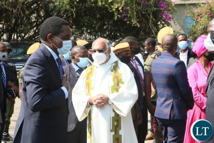 President Hakainde Hichilema being welcomed by Anglican Cathedral Bishop The Vary Rev Canon Charley Thomas during the National Ecumenical thanksgiving prayer peaceful elections that were recently held in Zambia at the Anglican Cathedral of the Holy Cross. Sunday, September 19, 2021. Picture by ROYD SIBAJENE ZANIS