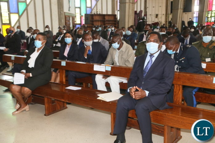 President Hakainde Hichilema and tye speaker of National Assembly Nelly Mutti attends church during the National Ecumenical thanksgiving prayer peaceful elections that were recently held in Zambia at the Anglican Cathedral of the Holy Cross. Sunday, September 19, 2021. Picture by ROYD SIBAJENE ZANIS President Hakainde Hichilema and tye speaker of National Assembly Nelly Mutti attends church during the National Ecumenical thanksgiving prayer peaceful elections that were recently held in Zambia at the Anglican Cathedral of the Holy Cross. Sunday, September 19, 2021. Picture by ROYD SIBAJENE ZANIS