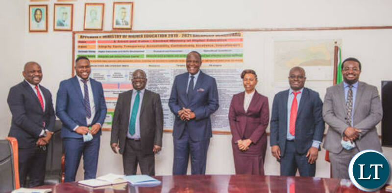 Technology and Science Minister Felix Mutati with a team from Zamtel after they paid a courtesy call on him