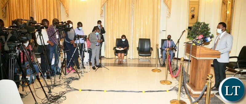 Special Assistant to the President for Press and Public Relations Anthony Bwalya speaking to journalists during the press briefing at State House