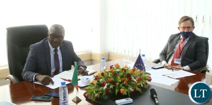 Minister of Green Economy and Environment Collins Nzovu with European Union Delegation Leader Jacek Jankowski during the European Union Delegation courtesy call to the Minister yesterday. Friday, October 01, 2021