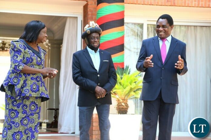 President Hakainde Hichilema with Vice President Mutale Nalumango having a light moment with Senior Chief Mukuni at State House