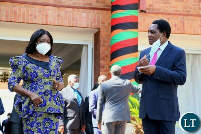 President Hakainde Hichilema with Vice President Mutale Nalumango shortly after swearing in ceremony of Bank of Zambia Governer at State House President Hakainde Hichilema with Vice President Mutale Nalumango shortly after swearing in ceremony of Bank of Zambia Governer at State House