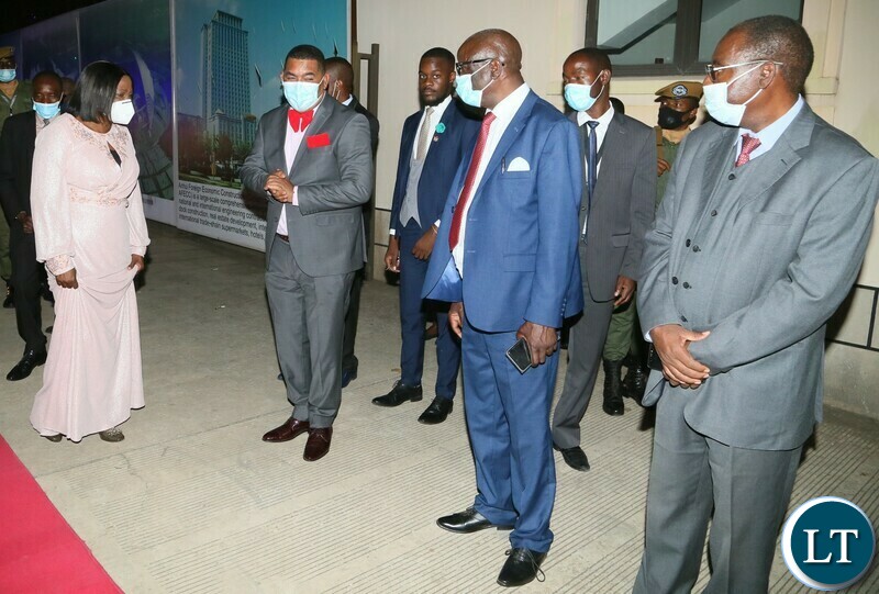 Vice President Mutale Nalumango being welcomed by UPND Lusaka Province Chairperson Obvious Mwaliteta, UNPD National Chairman Stephen Katuka and UPND Secretary General Batuke Imenda during the Vice President fundraising Gala Dinner at Golden Peacock hotel 
