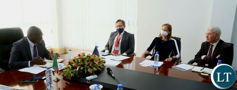 Minister of Green Economy and Environment Collins Nzovu speaking to with European Union High Commissioner and Ambassadors during the European Union Delegation courtesy call to the Minister yesterday. Friday, October 01, 2021. Picture by ROYD SIBAJENE/ZANIS