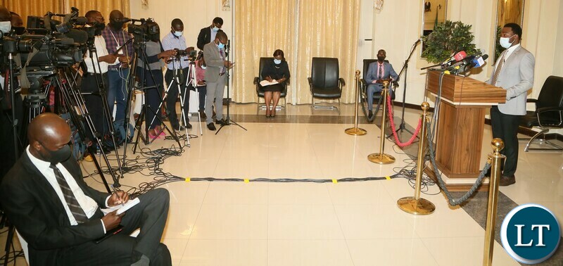 Special Assistant to the President for Press and Public Relations Anthony Bwalya speaking to journalists during the press briefing at State House