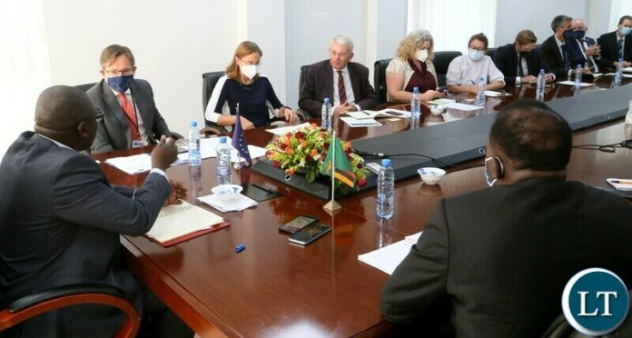 Minister of Green Economy and Environment Collins Nzovu speaking to with European Union High Commissioner and Ambassadors during the European Union Delegation courtesy call to the Minister yesterday. Friday, October 01, 2021. Picture by ROYD SIBAJENE/ZANIS Minister of Green Economy and Environment Collins Nzovu speaking to with European Union High Commissioner and Ambassadors during the European Union Delegation courtesy call to the Minister yesterday. Friday, October 01, 2021. Picture by ROYD SIBAJENE/ZANIS