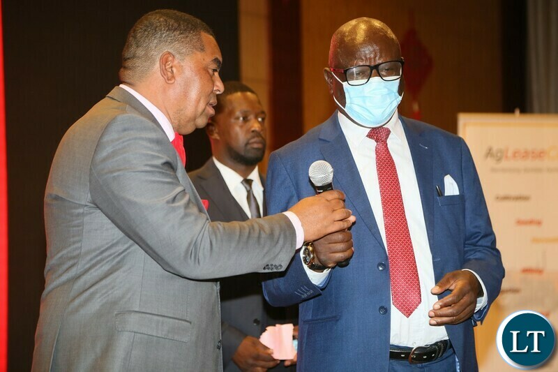 UPND Lusaka Province Chairperson Obvious Mwaliteta and UPND National Chairman Stephen Katuka share the microphone at Golden Peacock hotel during the Vice President fundraising Gala Dinner at Golden Peacock hotel 