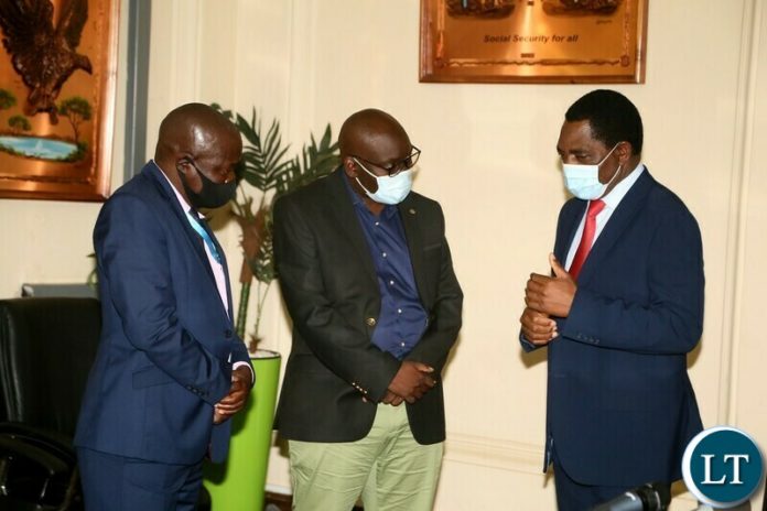 President Hakainde Hichilema confers with Radio Phoenix Managing Director Musulwe Muzaza and Veteran Clayson Hamasaka shortly after the live radio broadcast at state house President Hakainde Hichilema confers with Radio Phoenix Managing Director Musulwe Muzaza and Veteran Clayson Hamasaka shortly after the live radio broadcast at state house