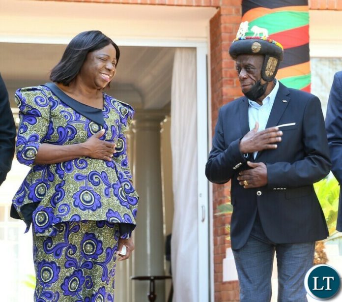 Vice President Mutale Nalumango share a light moment with Senior Chief Mukuni at State House