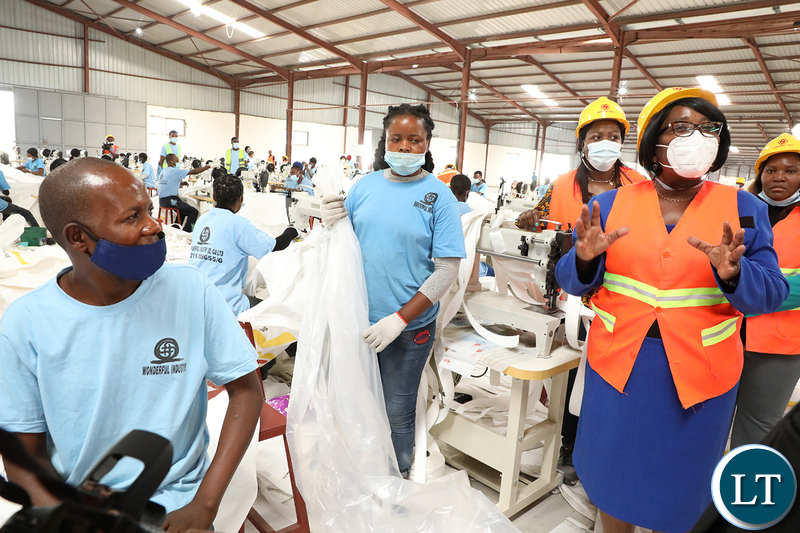 Labour Minister Brenda Tambatamba during a tour of Marcopolo Tiles Limited on Thursday, October 14,2021-Pictures by THOMAS NSAMA 