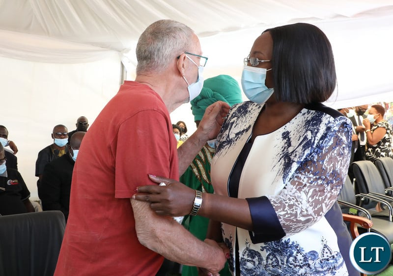 Former first Lady Dr Christine Kaseba-Sata welcomes Dr Former Vice-President Guy Scott during Late President Michael Sata's memorial Mass at Embassy Park in Lusaka on Thursday, October 28,2021-Picture by THOMAS NSAMA/ZANIS  