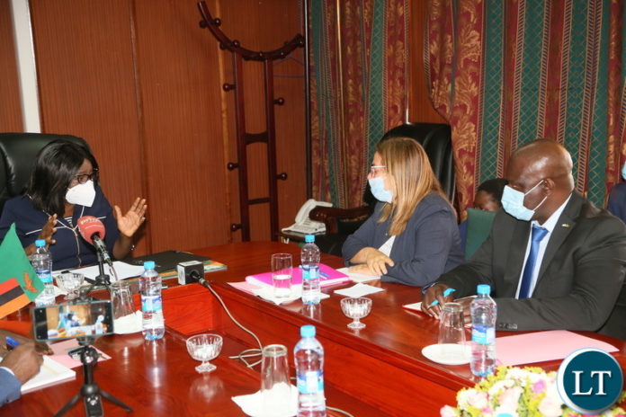 Vice President Mutale Nalumango confers with Israel Ambassador to Zambia Ofra Farhi whilst Honorary Consul of the State of Israel in the Republic of Zambia Sonya Mbale looks on during the courtesy call to the Vice President at her office