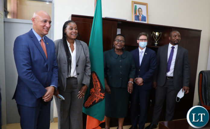 L to R: United State Embassy Deputy Chief of Mission Martin Dale , United States Embassy Political and economic Affairs Political Unit Chief Alexandra King Pile, Minister of Labour Brenda Tambatamba, Chief of Political and Economic Affairs John Armiger and Political and Economic affairs Economic specialists Terrence Simfukwe when the Deputy Chief of Mission paid a Courtesy call on Labour Minister at Ministry of Labour in Lusaka on Tuesday, October 19,2021 -Pictures by THOMAS NSAMA/ ZANIS