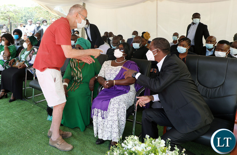 Former President Edgar Lungu speaks with Former Vice-President Dr Guy Scott as former First Lady Esther Lungu listens during the memorial Mass at Embassy Park in Lusaka on Thursday, October 28,2021-Picture by THOMAS NSAMA/ZANIS  