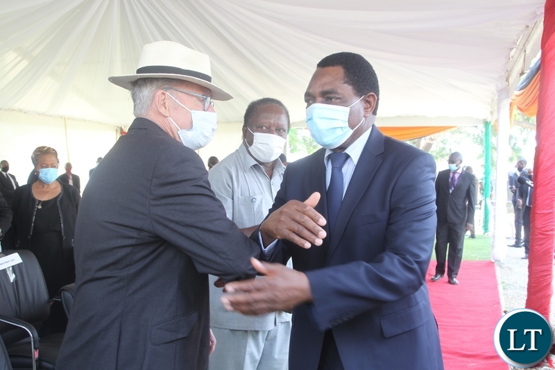PRESIDENT Hakainde Hichilema is welcomed by former Vice- President President Guy Scott at the burial and Funeral Service of the Late former Cabinet Minister Hon. Simon Ber Zukas in Lusaka.