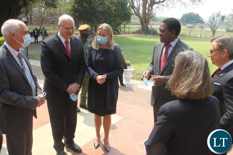 President Hikainde Hichilema confers with Director Africa European Commision Sandra Kramer, Alessandro Mariani and other European Union Officials when they paid a courtesy call on President Hakainde Hichilema at state House.