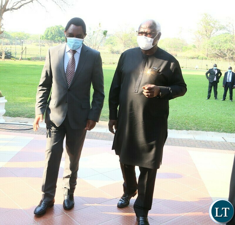 President Hakainde Hichilema confers with the Head of African Union Election Observe in Zambia Former President of Sierra Leone Enerst Koroma shortly after presenting the August 2021 election report at State House