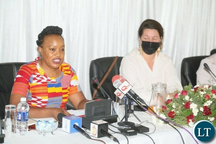 ActionAid Zambia Country Director Nalucha Nganga Ziba delivering her speech during the launch of the CSO election report Zambia 2021 elections at Mulungushi conference centre whilst Swedish Ambassador to Zambia Anna Maj Hultgard looks on yesterday. Friday, November 05, 2021. Picture by ROYD SIBAJENE/ZANIS