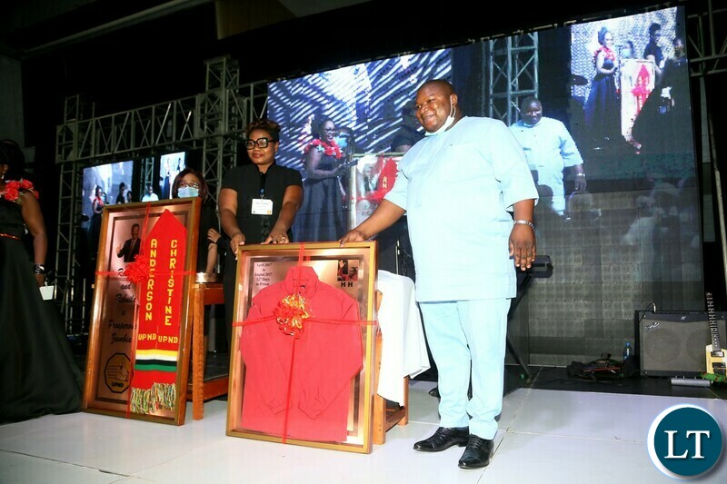 Kaystech Energy Chief Executive Jonathan Kondowe pose for a photo after bidding the K2.5 million for Coat of President Hakainde Hichilema during the Gala Dinner and meet the President at Mulungushi Conferance Cente